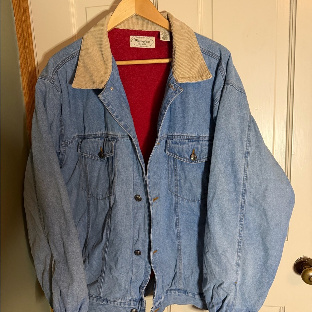 Men’s Vintage Blue Denim Jacket with Tan Corduroy Collar and Red Fleece Lining